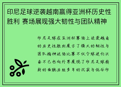 印尼足球逆袭越南赢得亚洲杯历史性胜利 赛场展现强大韧性与团队精神 印尼足球逆袭越南赢得亚洲杯历史性胜利 赛场展现强大韧性与团队精神